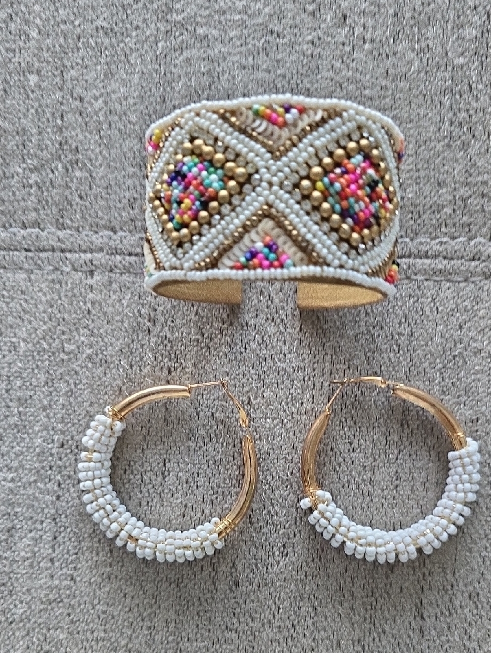 Beaded White and Gold Cuff Bracelet & Hoop Earring Set